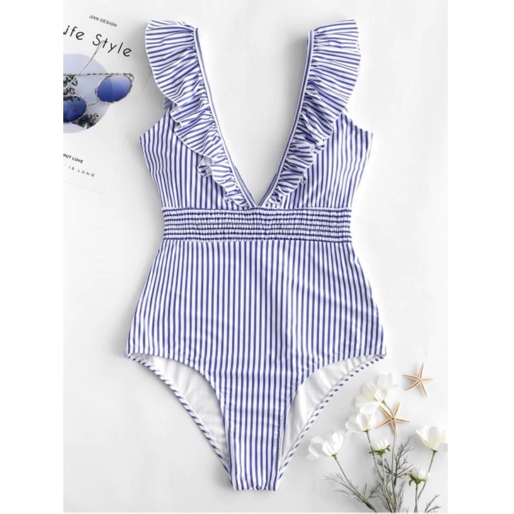 Zaful Blue Ruffle Stripe Swimsuit